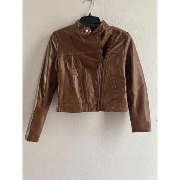 MICHAEL KORS Jacket 100% lambskin Leather Asymmetric Zip Brown luggage NWT - Picture 7 of 16